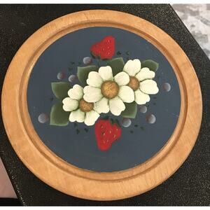 Hand Painted Wooden Trivet Vermont Artist Marjorie Wallace Berries + Flowers.